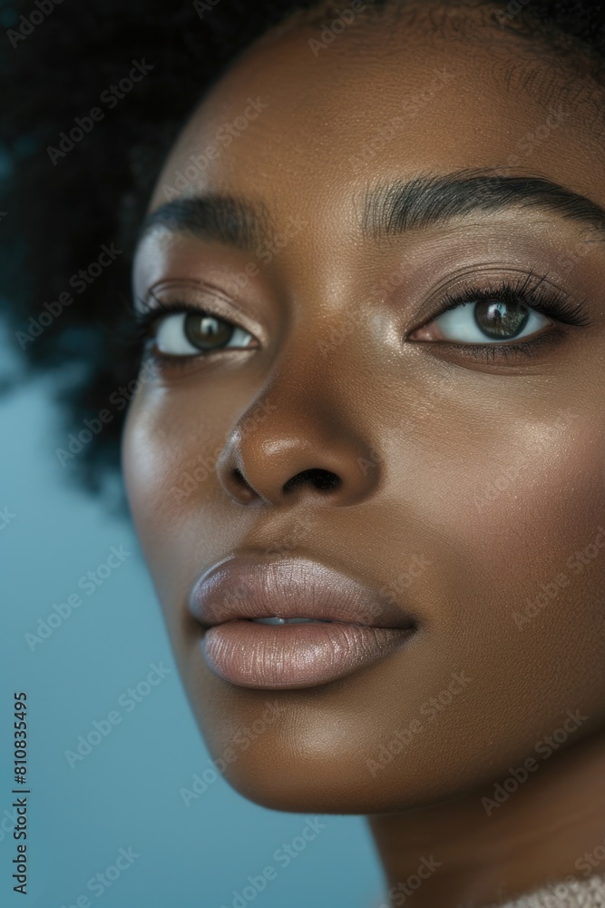 Close up of a woman's face with afro hairstyle, suitable for beauty or fashion concepts Close up of a woman's face with afro hairstyle, suitable for beauty or fashion concepts