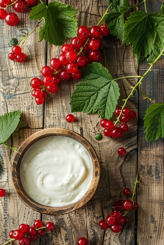 Red currant yogurt. currant branches. On a wooden background. place for text. view from above