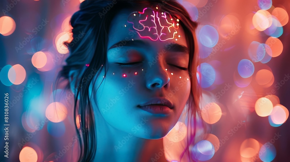 Young girl with closed eyes and neon glowing brain Womens Mental Health and Meditation, dark blues lights