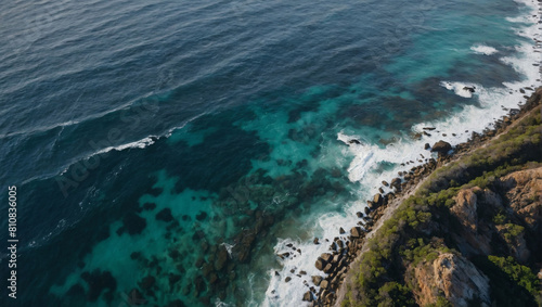 Bird's Eye Ocean Vista, Aerial View Capturing the Rocky Shoreline
