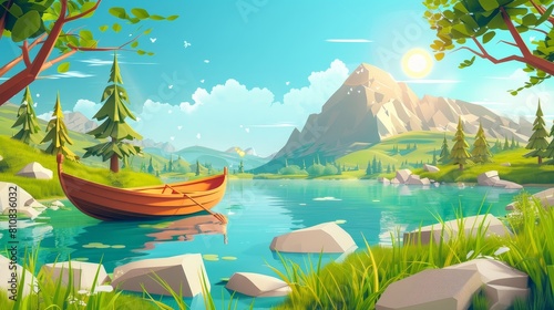 Easily recognizable modern illustration of nature scenery with a lake with wooden boat  mountains  and trees. Modern illustration of landscape with rivers  forests  green grass  white rocks  and the