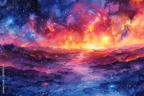 Enchanting Watercolor  Distant Planet with Rolling Hills  Sparkling Rivers  and Cosmic Sky