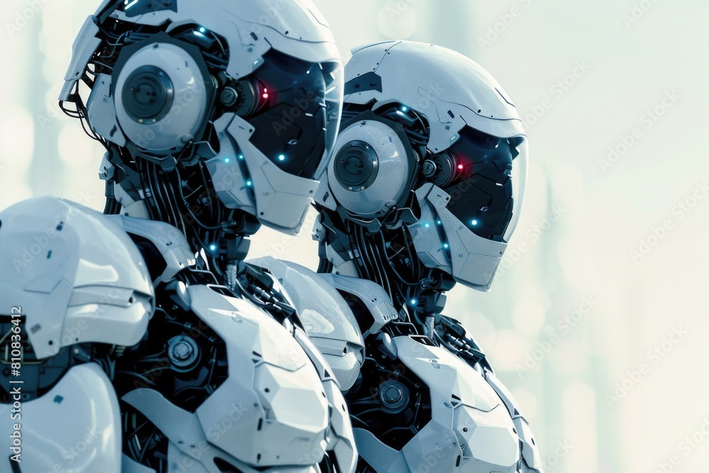 Fototapeta premium Two robots standing next to each other. Suitable for technology concept