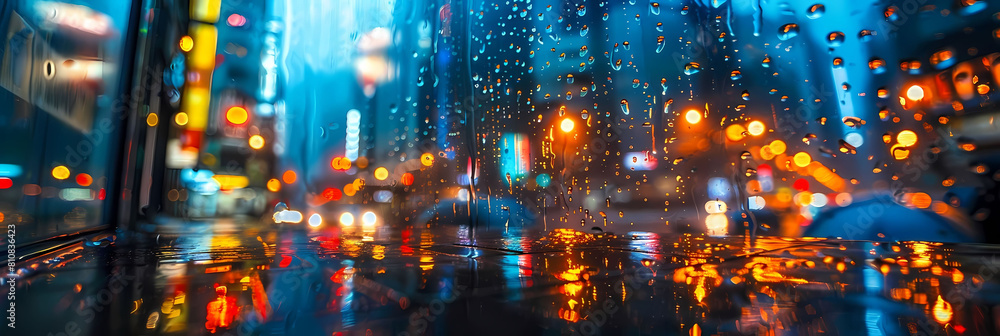 city lights reflections in rainy nights, with a blue umbrella in the foreground