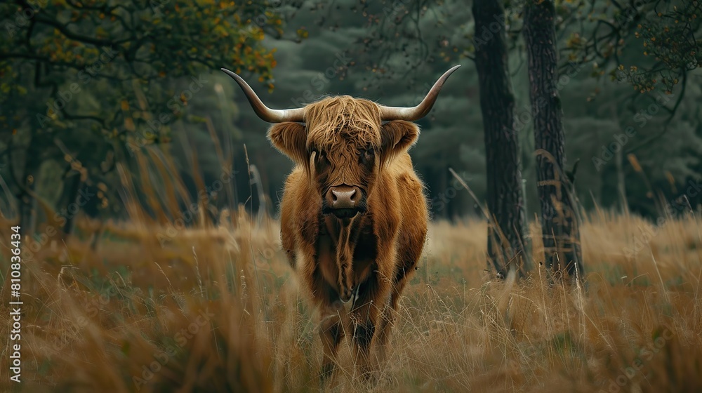 Highland cow in meadow near the woods . Generative Ai Highland cow in meadow near the woods . Generative Ai