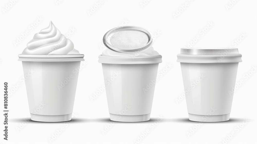 Modern realistic 3d mockup of a white cup with a yoghurt or dairy product and a foil lid isolated on a transparent background. Modern realistic 3d mockup of a white cup with a yoghurt or dairy product and a foil lid isolated on a transparent background.
