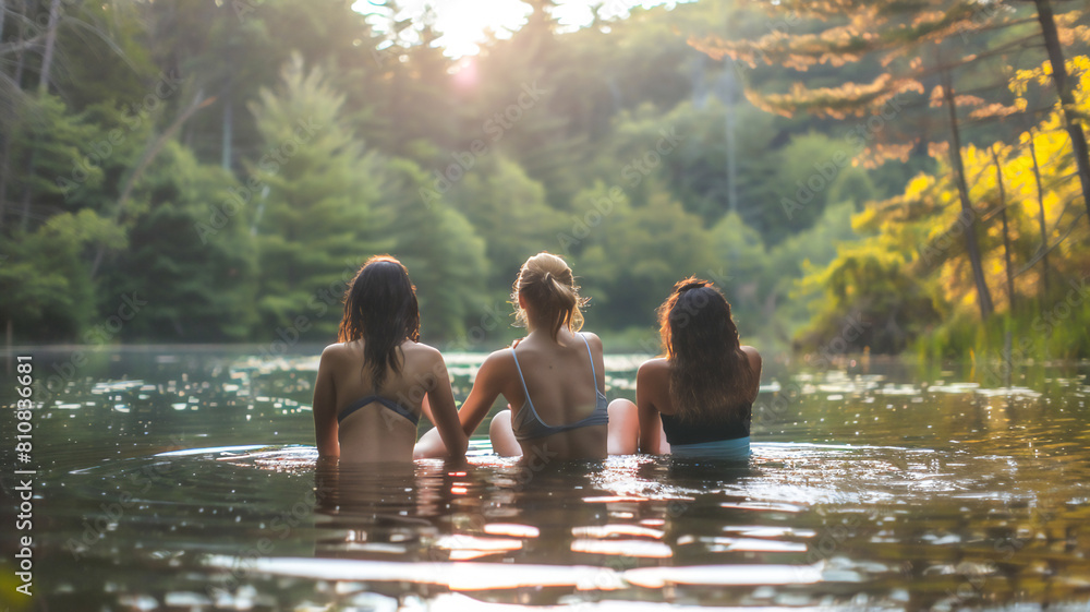 Two woman sitting in water , Friend support concept .