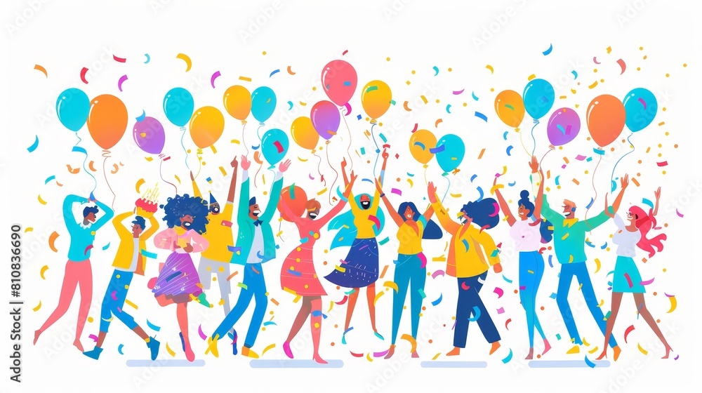 Party people celebrate. Business team celebrates holiday, birthday. A group of cheerful men and women dance and rejoice on festive occasion. Line art flat modern illustration with balloons and Party people celebrate. Business team celebrates holiday, birthday. A group of cheerful men and women dance and rejoice on festive occasion. Line art flat modern illustration with balloons and