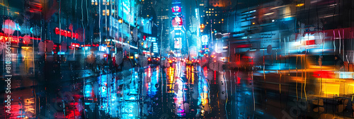 city lights reflections in rainy nights - a cityscape with illuminated buildings, a street lamp, and a street sign in the foreground