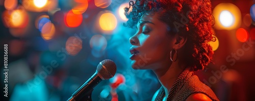 Black woman singing blues in a smoky jazz club.