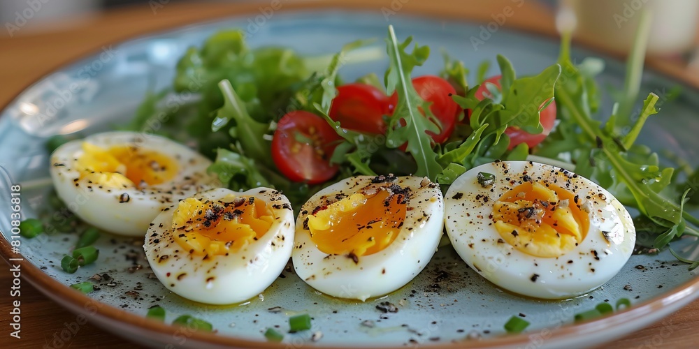 boiled eggs and salad on a plate . boiled eggs and salad on a plate .