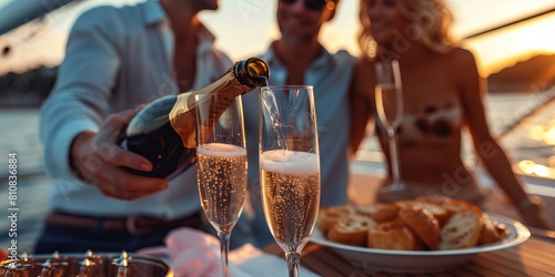 Crop couple pouring champagne into wineglasses on yacht