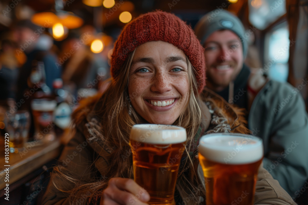 Two people sitting at bar with beer mugs Two people sitting at bar with beer mugs