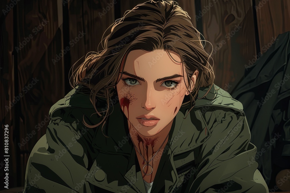 Dazzling Charisma: Anime Woman in Green Jacket, Blood-Stained Beauty Dazzling Charisma: Anime Woman in Green Jacket, Blood-Stained Beauty