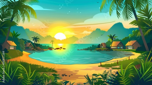At sunset  summer tropical landscape with village houses on a sea harbor beach. Modern cartoon illustration of a seashore  lake or river coast  cottages  trees  grass  mountains  and sun on the