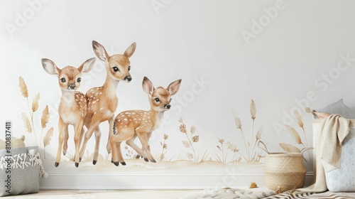 Baby roe deer. Kids room wallpaper with baby animals in pastel colors. Nursery wall mural, very minimalistic drawing, white wall photo