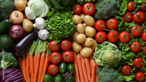 A colorful assortment of vegetables and fruits  including tomatoes  carrots