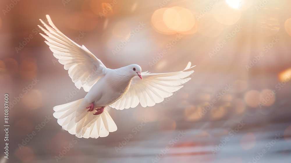 Ethereal White Dove in Flight Illuminated by Radiant Sunset Bokeh Ethereal White Dove in Flight Illuminated by Radiant Sunset Bokeh