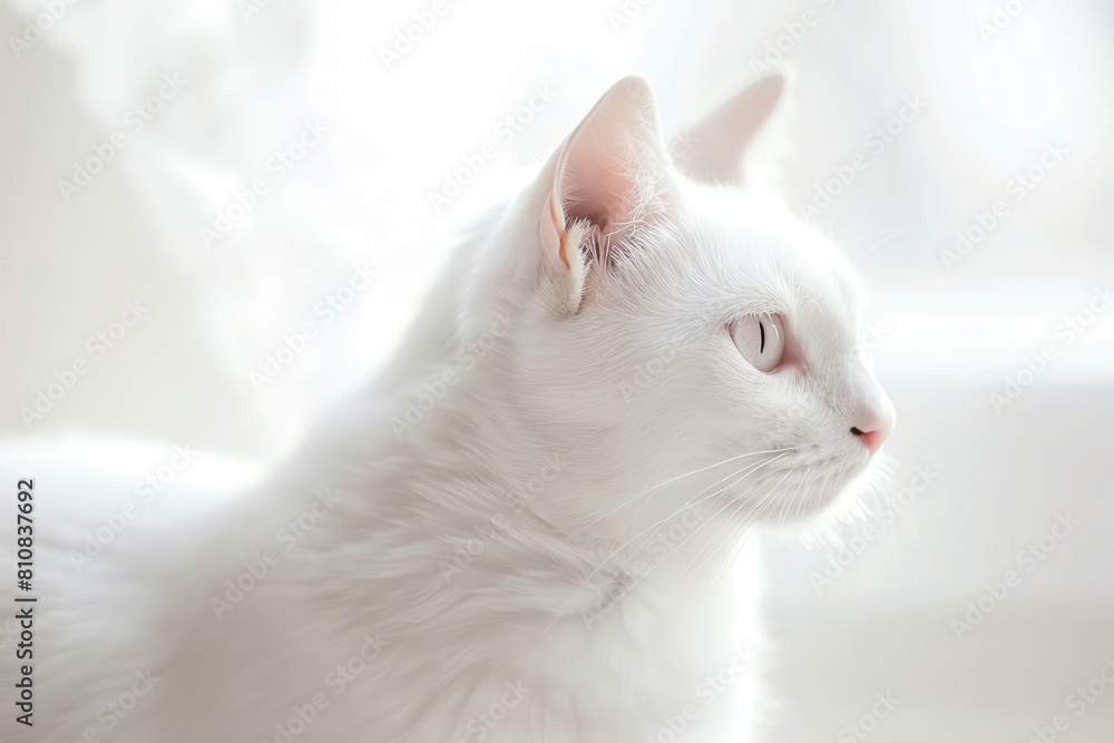 A white cat with a serene expression, bathing in light, isolated on a white background A white cat with a serene expression, bathing in light, isolated on a white background