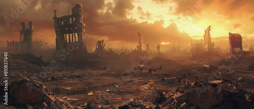 Ruined cityscape with collapsed structures and desolate landscape after an apocalyptic event. photo