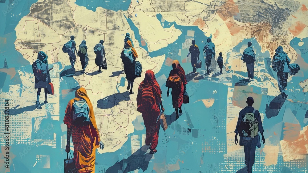 Fototapeta premium A visualization of international aid workers providing humanitarian assistance to refugees and displaced persons affected by war.