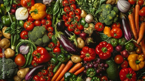 A colorful assortment of vegetables and fruits  including tomatoes  carrots