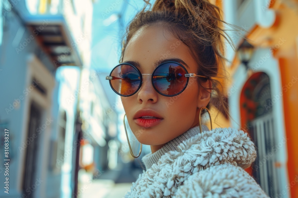Woman in round sunglasses and white sweater Woman in round sunglasses and white sweater