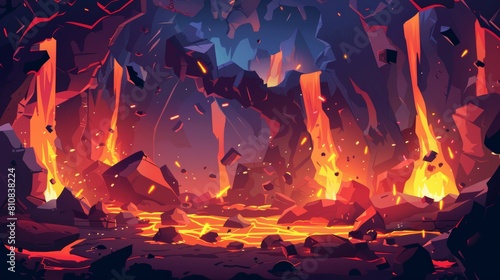 An underground landscape with glowing magma and sparks. Hell infernal scene with stones, rocks, a panoramic game background, wallpaper. photo