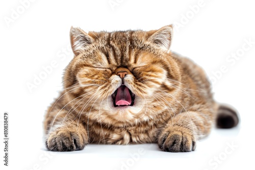An Exotic Shorthair with a squished face, yawning, isolated on white photo