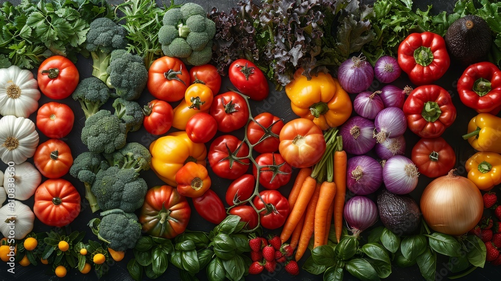 A colorful assortment of vegetables and fruits, including tomatoes, carrots