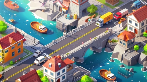 Architectual stone drawbridge construction on piles isometric web banner with city infrastructure. Transport cars, trucks and boats crossing it. Civil engineering stone drawbridge construction on
