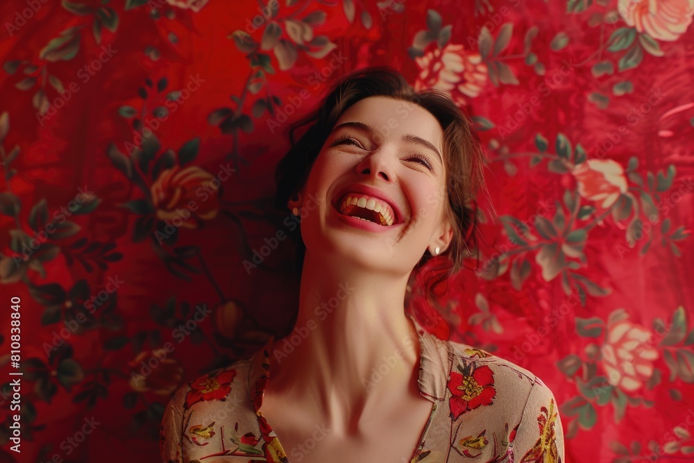 A woman smiling in front of a floral wallpaper, suitable for interior design projects A woman smiling in front of a floral wallpaper, suitable for interior design projects