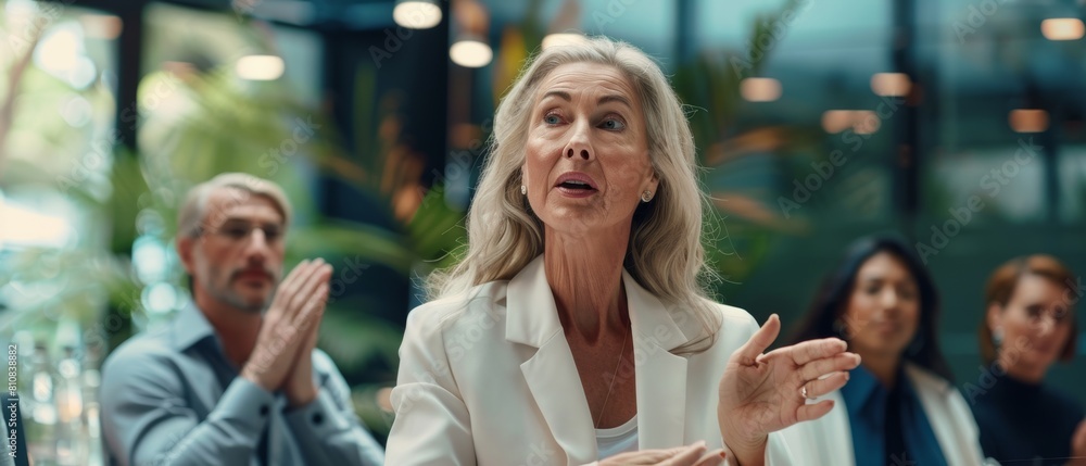 The CEO of a tech startup company, a Caucasian female entrepreneur, reports growth and profit to senior managers at a corporate meeting in a modern office. Diverse employees applaud her after she The CEO of a tech startup company, a Caucasian female entrepreneur, reports growth and profit to senior managers at a corporate meeting in a modern office. Diverse employees applaud her after she