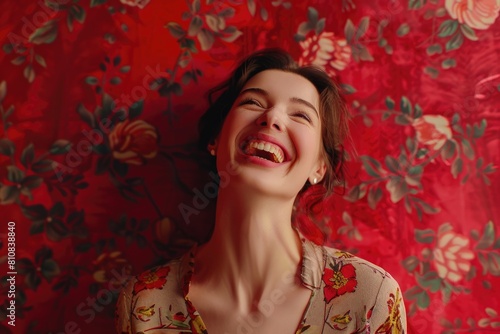 A woman smiling in front of a floral wallpaper, suitable for interior design projects