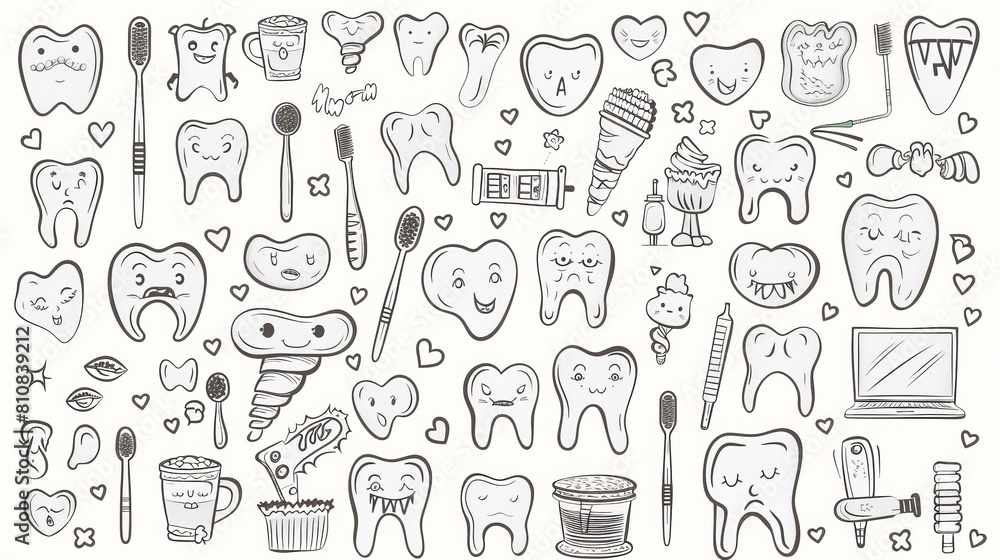 This set of doodle icons depicts dental care and medicine using teeth, veneers, paste and toothbrush, stomatological tools, caries treatment, and oral health. This set of doodle icons depicts dental care and medicine using teeth, veneers, paste and toothbrush, stomatological tools, caries treatment, and oral health.