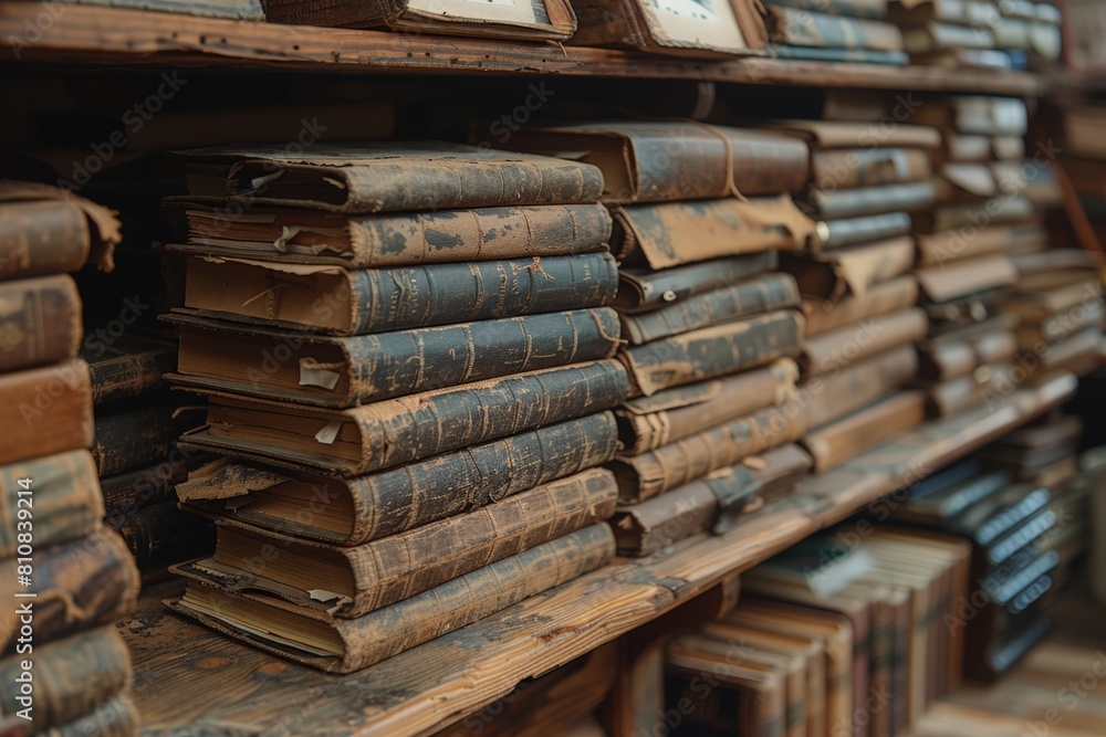 Stack of books on wooden shelf Stack of books on wooden shelf