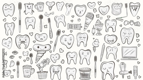 This set of doodle icons depicts dental care and medicine using teeth, veneers, paste and toothbrush, stomatological tools, caries treatment, and oral health. photo