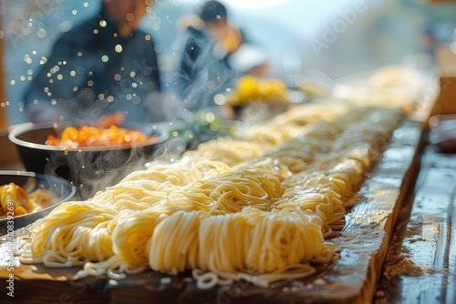 Close up of freshly made noodles on table