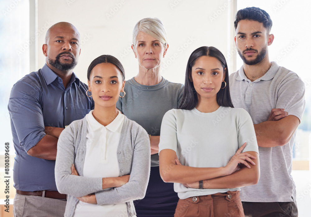 Portrait, confidence and group of business people with diversity, trust and solidarity at agency. Community, professional men and women together in office with teamwork, pride and project management
