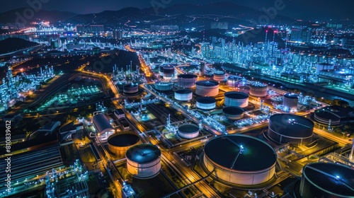 Industrial oil refinery at night, suitable for energy industry concepts photo