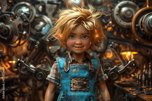 Intricate Symmetry: Dramatic Effeminate Boy with Bright Blonde Hair in Blue Blacksmith Apron and Iron Arms, Smiling