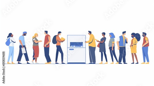 People waiting in line to draw cash or put money into an ATM. Clients using terminals to facilitate banking services. Linear flat modern illustration.