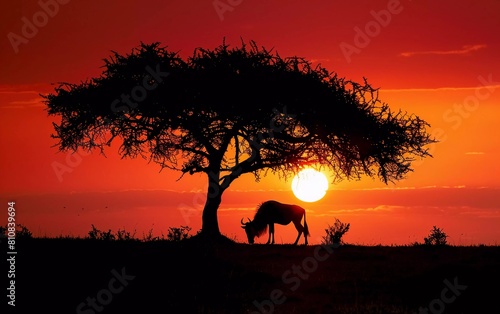 African Acacia trees and wildebeest silhouette against the red sunset, beautiful evening view