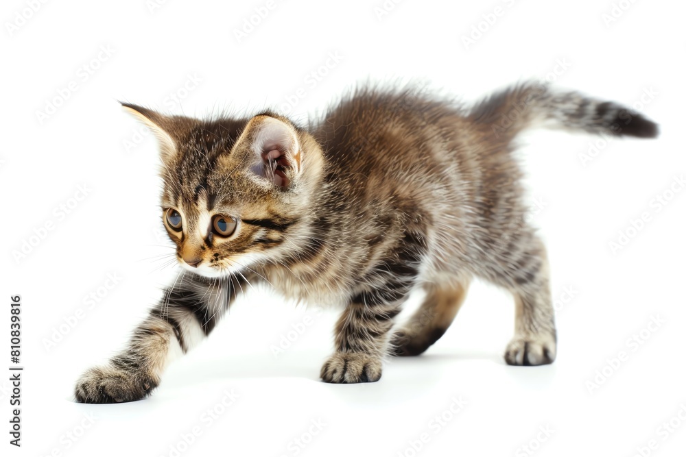 Obraz premium A playful tabby kitten chasing its tail, isolated on white
