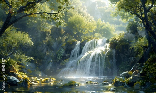 secluded waterfall nestled within a pristine natural setting  with verdant foliage and towering trees framing the scene