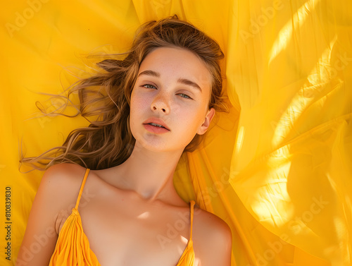 young woman, alone against a vibrant yellow backdrop, donning a swimsuit, capturing the essence of summer holidays.