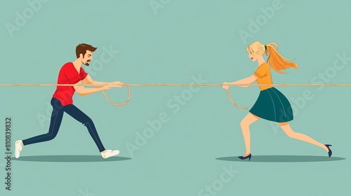 An illustration showing a tug-of-war match between a man and woman. A married couple pulls up a rope. This is a modern flat illustration that shows rivalry and conflict between a husband and wife