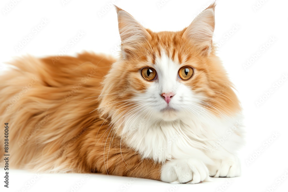 A longhaired Turkish Van cat with an intelligent gaze, isolated on a white background