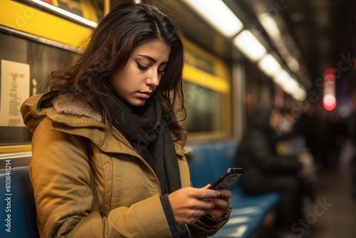 A Young woman engrossed in her cell phone while riding public transportation Fictional Character Created By Generative AI. 