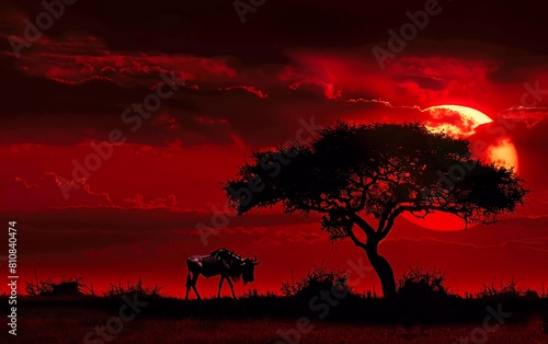 African Acacia trees and wildebeest silhouette against the red sunset, beautiful evening view